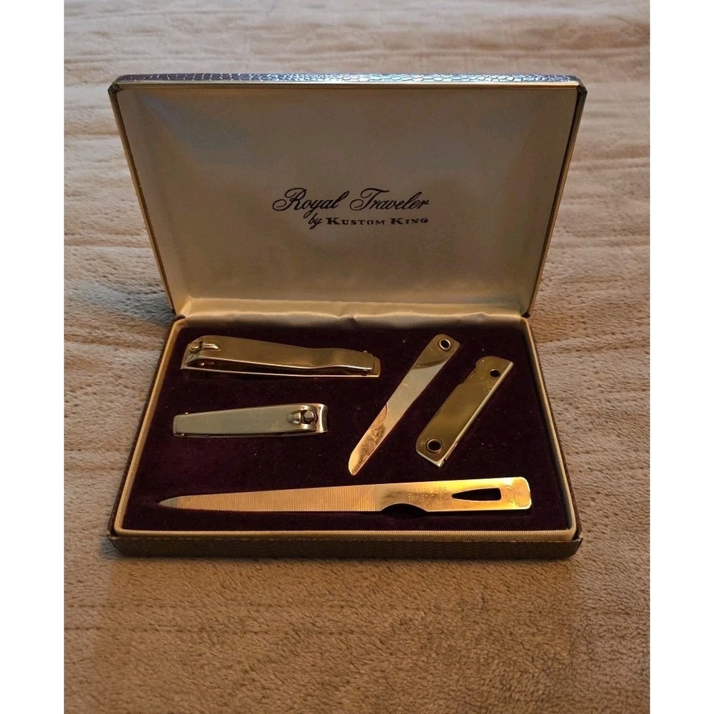 Vintage 5pc Royal Traveler Kustom King Gold Nail Clipper Manicure Set w Case Box